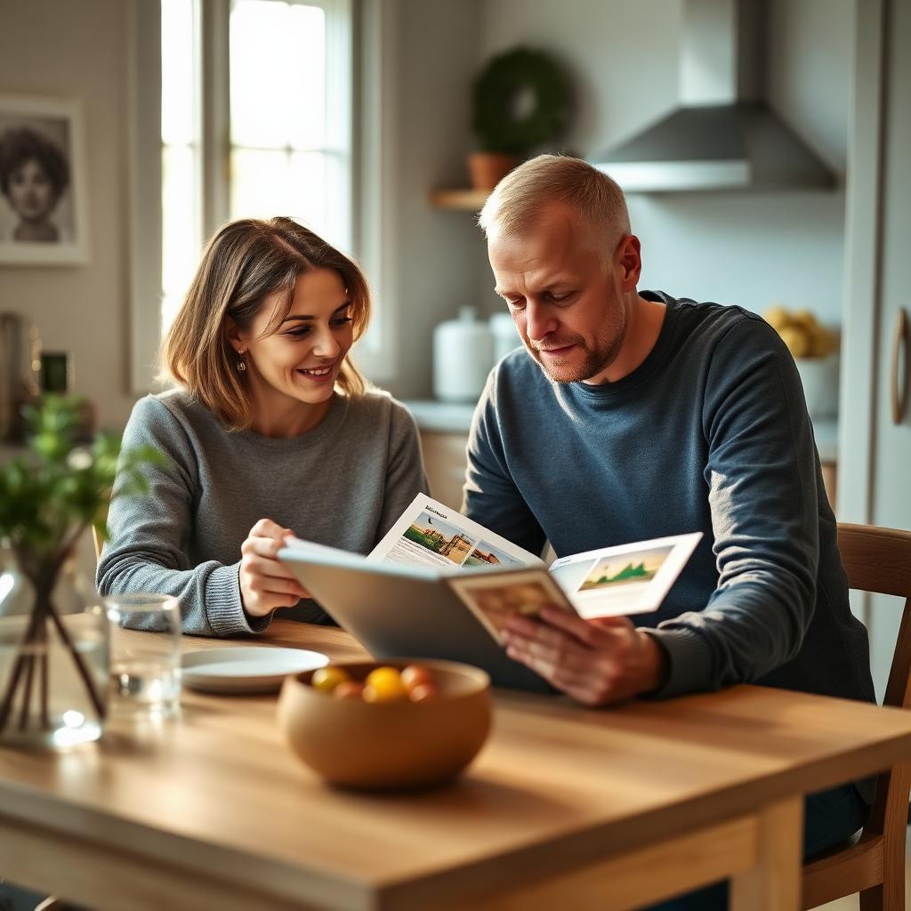 Ehepaar liest den Energie-Guide gemeinsam am Küchentisch